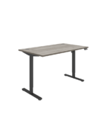 Single Motor height adjustable desk with grey oak top and black frame, with electricity powered control panel.