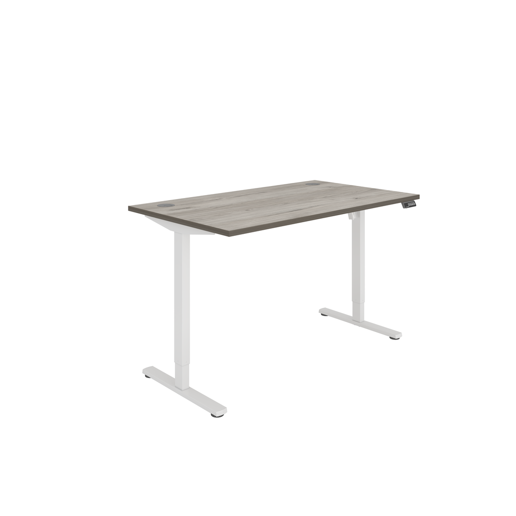 Electric powered - Single Motor Sit Stand Desk. Grey Oak top with White frame finish.
