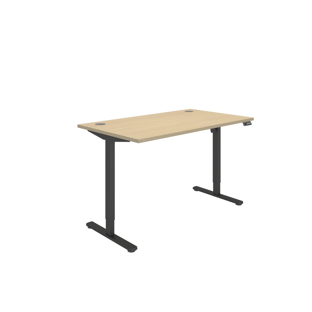 Single Motor Sit Stand Desk - Easy-to-use, electric height adjustable desk with control panel for setting optimal desk height at the push of a button. Oak top and black frame finish.
