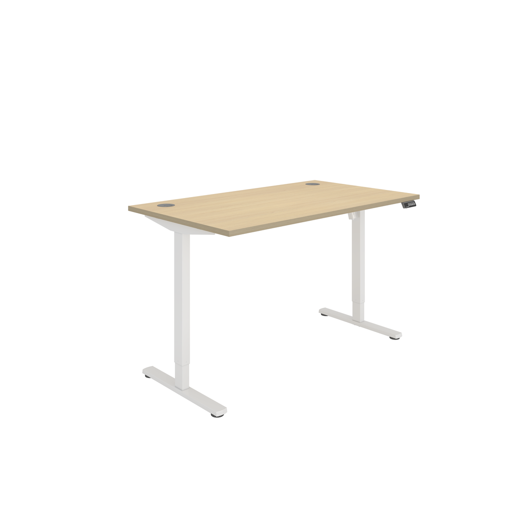 Single Motor Sit Stand Desk - Height-adjustable suitable for home office and perfect for hybrid working. Oak top with white frame.