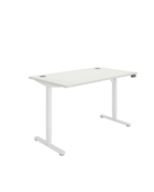 Single Motor Sit Stand Desk in modern office with electric height adjustment and cable ports. White finish.