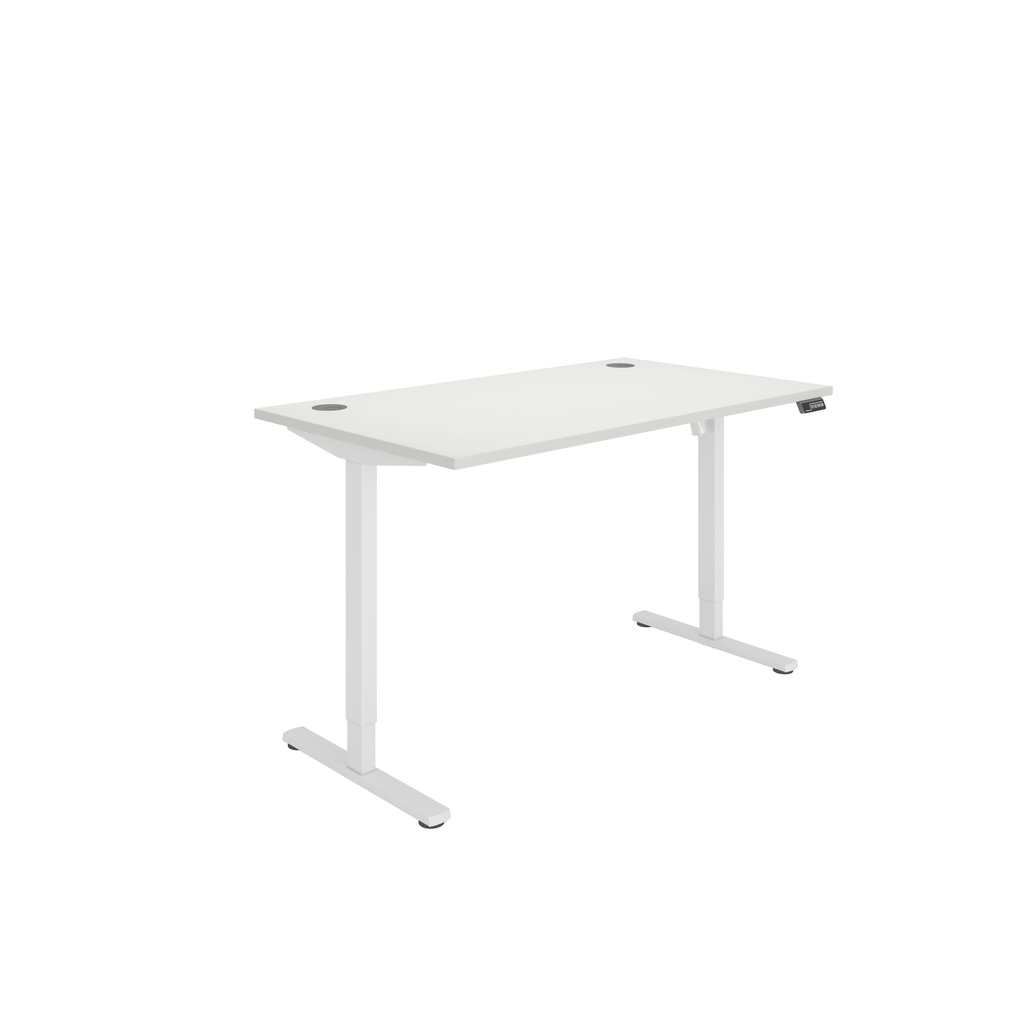 Single Motor Sit Stand Desk in modern office with electric height adjustment and cable ports. White finish.