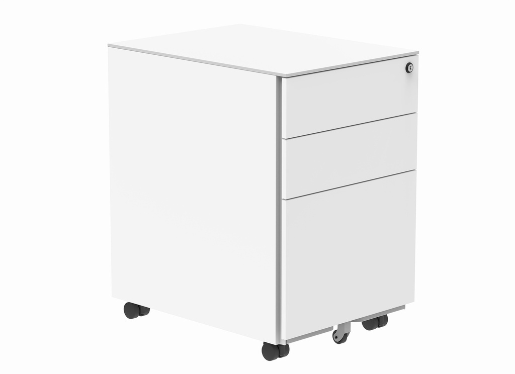 Under desk metal storage unit shown in white. Top drawer lockable and supplied with two keys. Pedestal unit on castors for easy mobility.