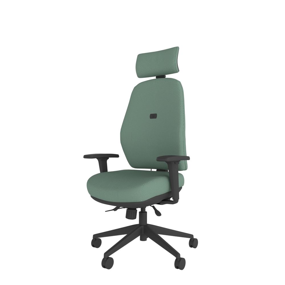 High back ergonomic LOCO task chair with adjustable arms, castor base and headrest. Chair is upholstered in green fabric.