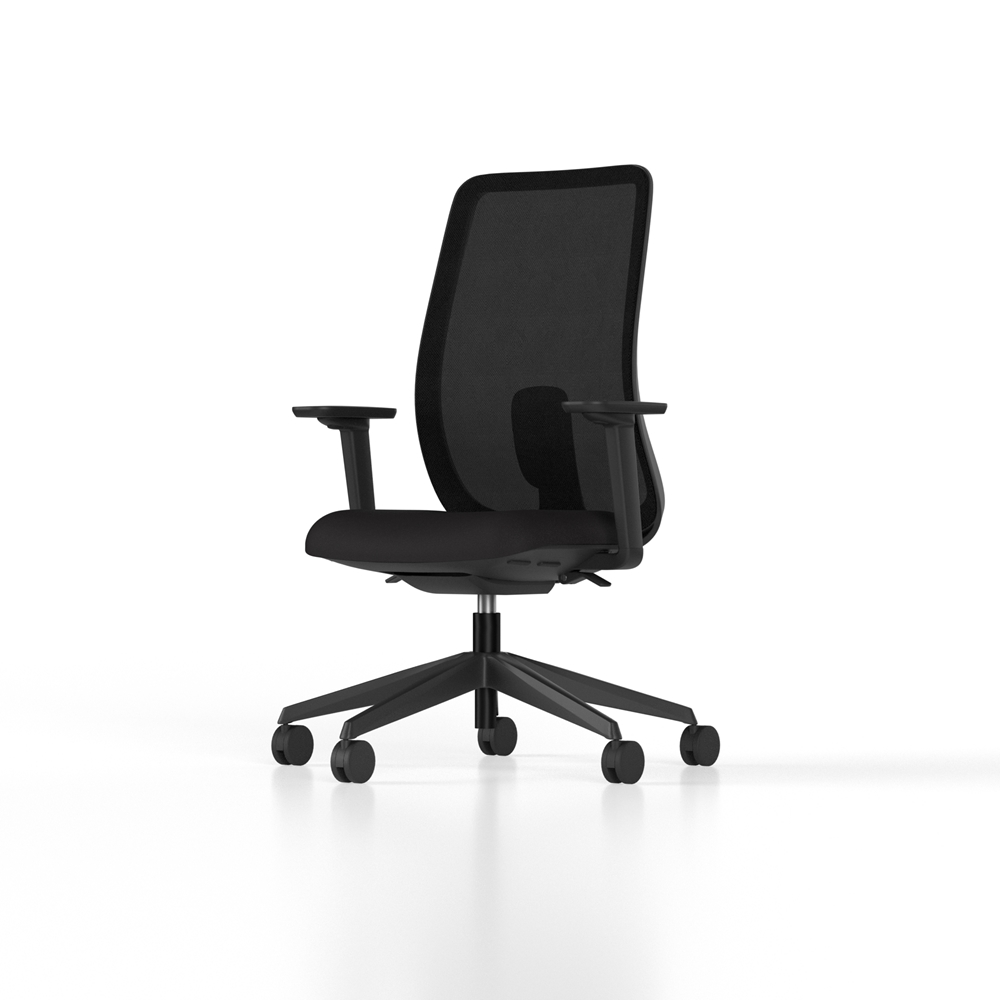 Stylish black 3D self supporting mesh back, ergonomic office chair with adjustable seat depth, lumbar support and arms.
