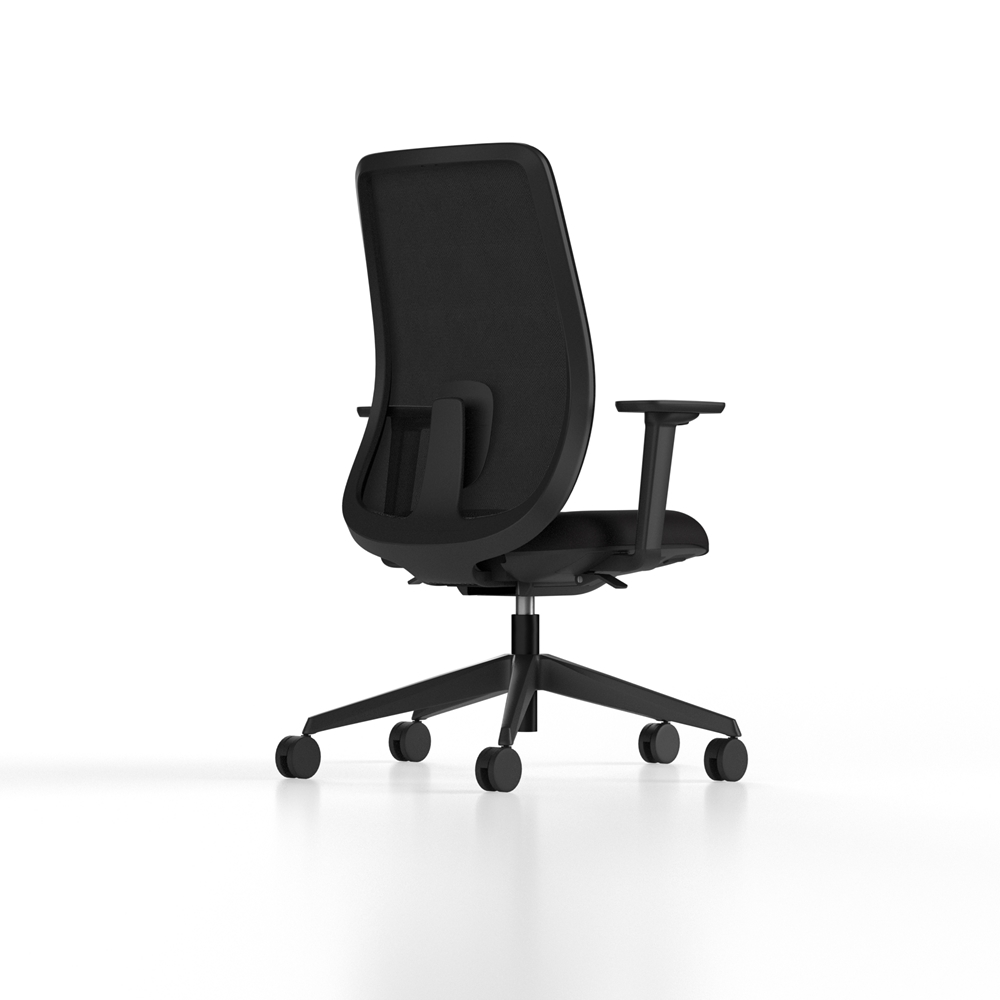 Black - Ergonomic back office chair with a breathable mesh back, adjustable lumbar support, height and width adjustable arms, and dynamic tilt mechanism.