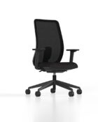 Black ergonomic office chair with adjustable lumbar support, breathable mesh back, and dynamic tilt mechanism.