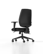 High back ergonomic chair, with upholstered seat and back, adjustable settings including seat slide and inflatable lumbar.