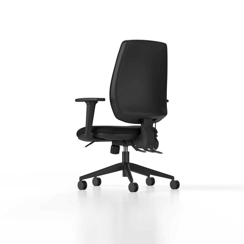 High back ergonomic chair, with upholstered seat and back, adjustable settings including seat slide and inflatable lumbar.