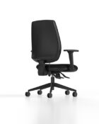 Black high back ergonomic office chair with a moulded square outer back and adjustable settings.