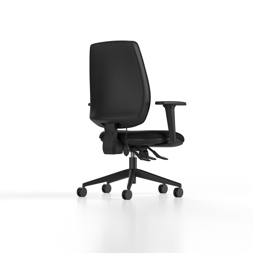 Black high back ergonomic office chair with a moulded square outer back and adjustable settings.