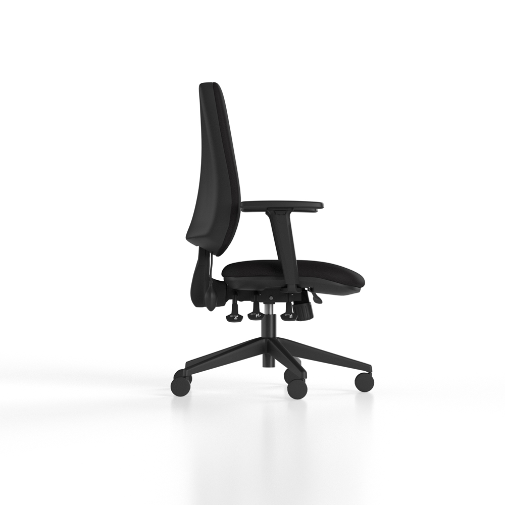 Black high back ergonomic office chair with a moulded outer back, lumbar support, and adjustable arm features.