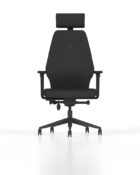 Up - ergonomic chair upholstered in Black fabric with upper back support, lumbar support, flex-front posture seat, headrest, and multi-functional arms.