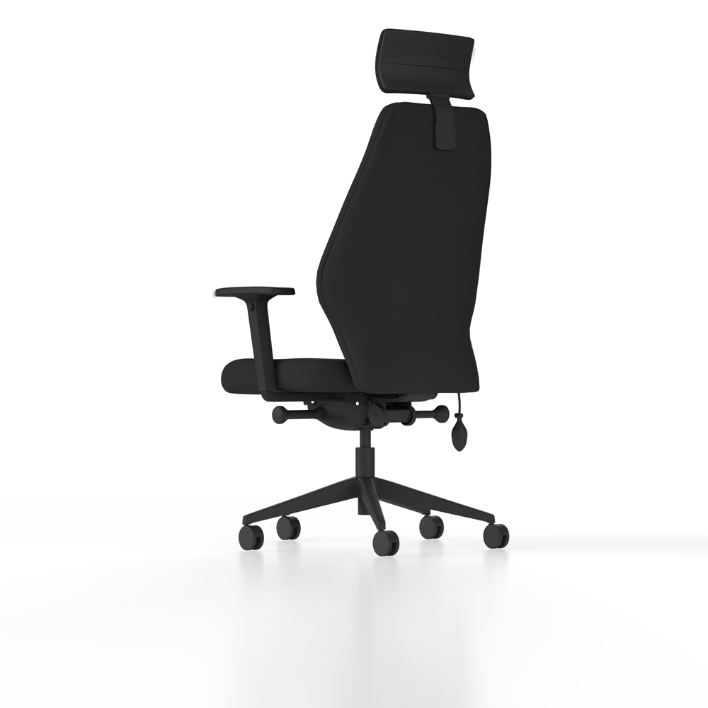 Black Upholstered - high back chair with headrest. The Up chair has adjustable ergonomic features including seat slide, back support, pump up lumbar, flex-front posture seat, headrest, and multifunctional arms.