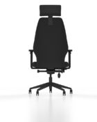 Black Upholstered - high back chair with headrest. The Up chair has adjustable ergonomic features including upper back support, pump up lumbar, flex-front posture seat, headrest, and multifunctional arms.