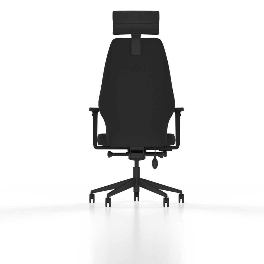 Black Upholstered - high back chair with headrest. The Up chair has adjustable ergonomic features including upper back support, pump up lumbar, flex-front posture seat, headrest, and multifunctional arms.