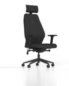 Up - ergonomic chair upholstered in Black fabric with adjustable features including upper back support, lumbar support, flex-front posture seat, headrest, and adjustable arms.