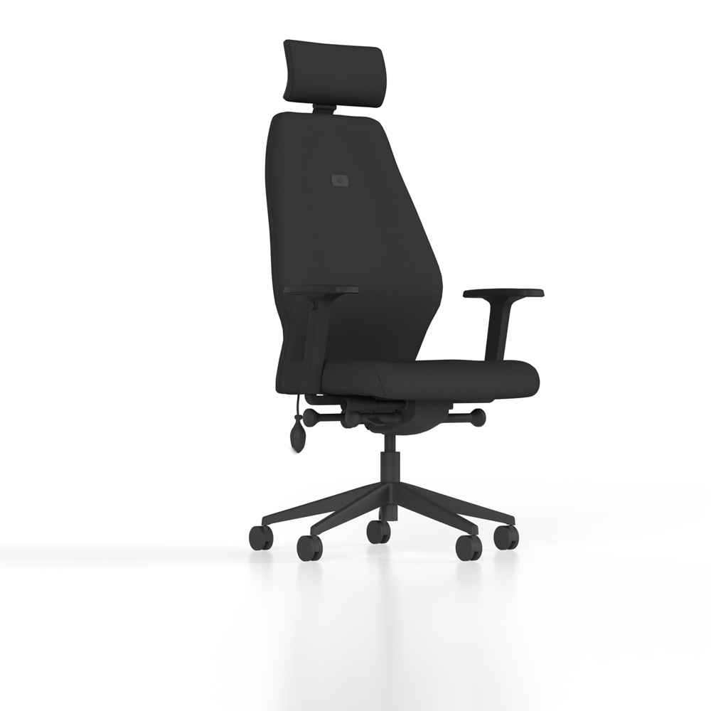 Up - ergonomic chair upholstered in Black fabric with adjustable features including upper back support, lumbar support, flex-front posture seat, headrest, and adjustable arms.