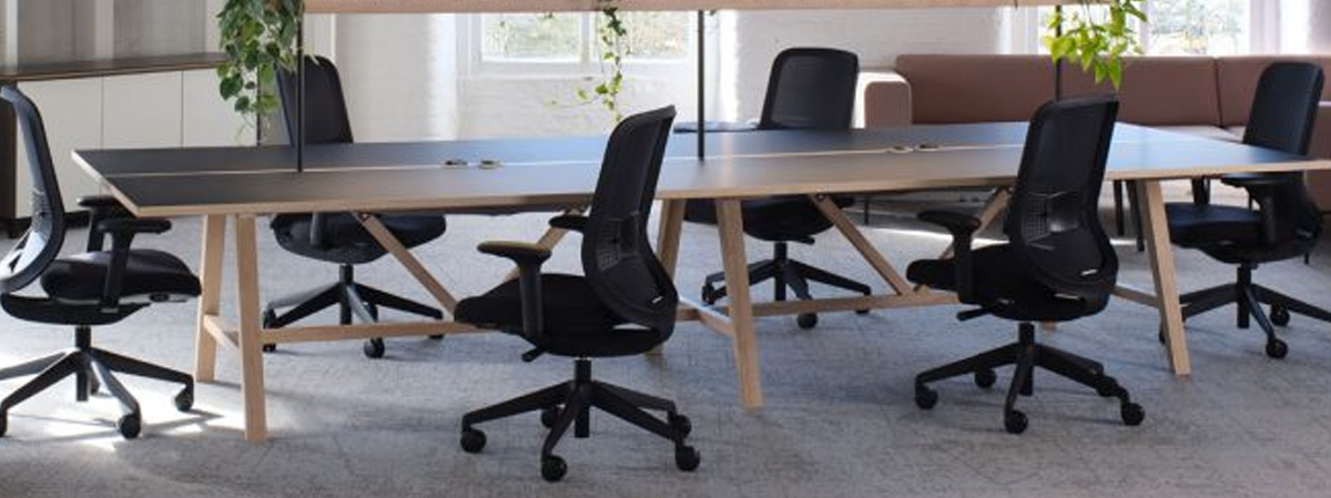 Stylish boardroom table with ergonomic task seating. Chairs shown with mesh backs, black 5 star base and adjustable arms.