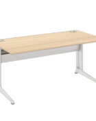 Crank, manual handle - height adjustable desk with rectangular top, modesty panel and leg cover frame.