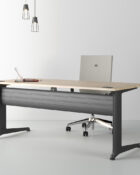 Crank handle height adjustable desk with black frame, modesty panels, cable ports and a ash top.
