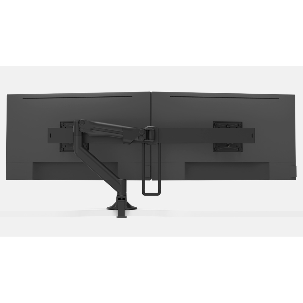 Double monitor arm -showing the back of two screens attached to the dual monitor arm