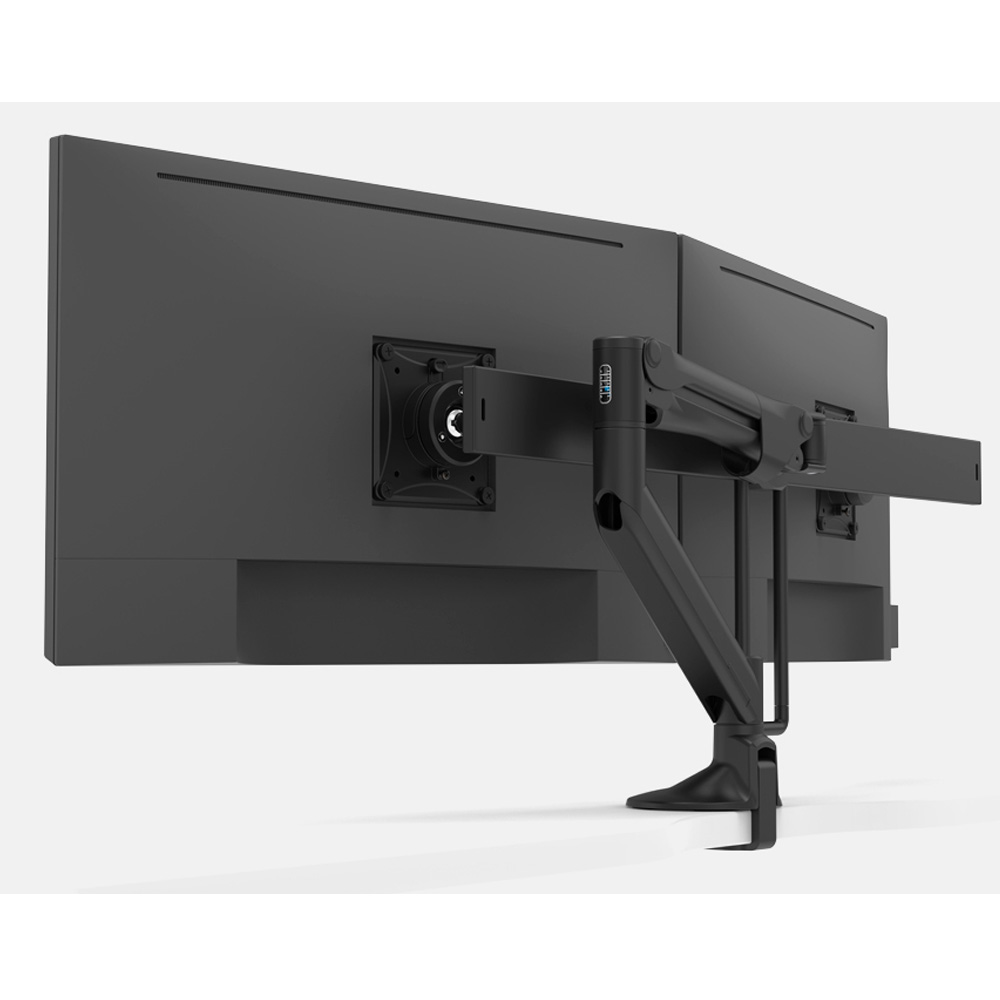 Ergonomic double monitor arm -showing the back of the screens attached to the dual monitor arm