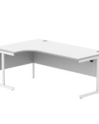 White MFC radial upright double leg desk with modesty panel and cable ports.