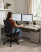 Radial corner desk in a home office setting