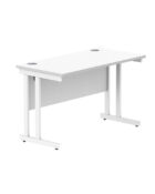 Double upright rectangular desk suitable for a home or office set up. White MFC top and modesty panel, White frame.