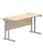 Oak - double upright rectangular desk with modesty panel, cable ports and silver frame.