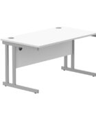 Double upright rectangular desk with wooden MFC top with silver cantilever frame.