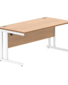 Durable Double upright rectangular desk with a white MFC top and white frame.