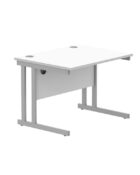 Double upright rectangular desk, white top with silver frame. Image showing clean lines and simple design.