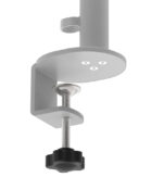 Close up of a silver ergonomic monitor arm, desk edge clamp.