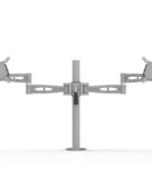 Silver double monitor arm (ergonomic desk accessory) for multiscreen setups.