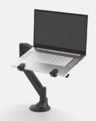 Gas lift levo desktop laptop stand showing a laptop in the stand.