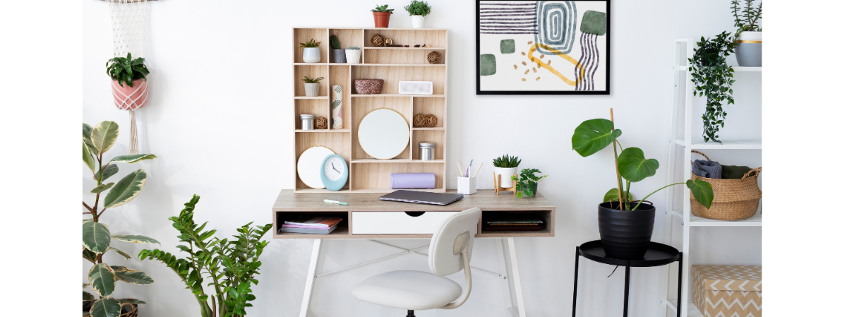 Home office setup showcasing office furniture including desk, bookcase and chair.