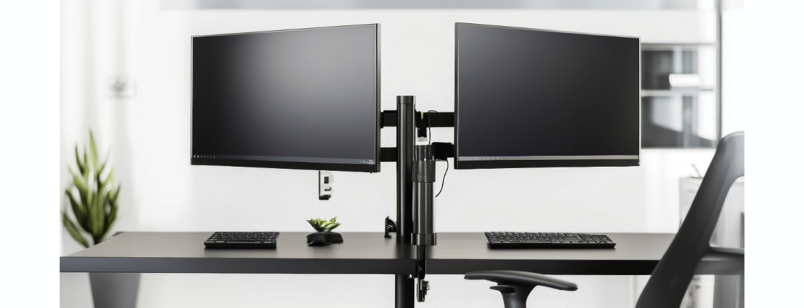 dual monitor arm showing two display screens on an office desk setup with keyboard