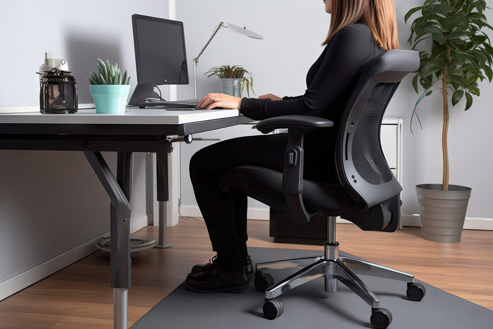women sat on her mesh ergonomic office chair