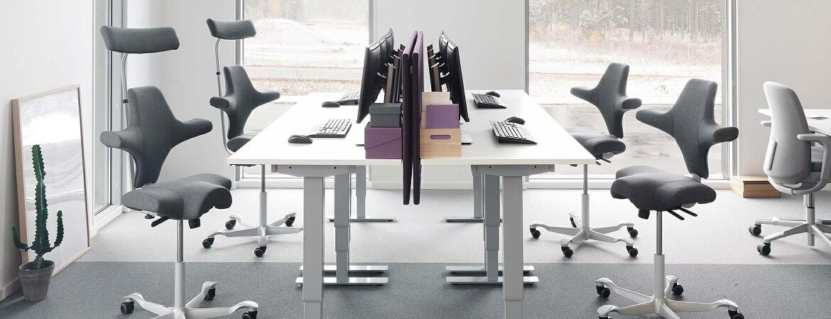 Ergonomic chair and height adjustable desk set-up - in office setting.