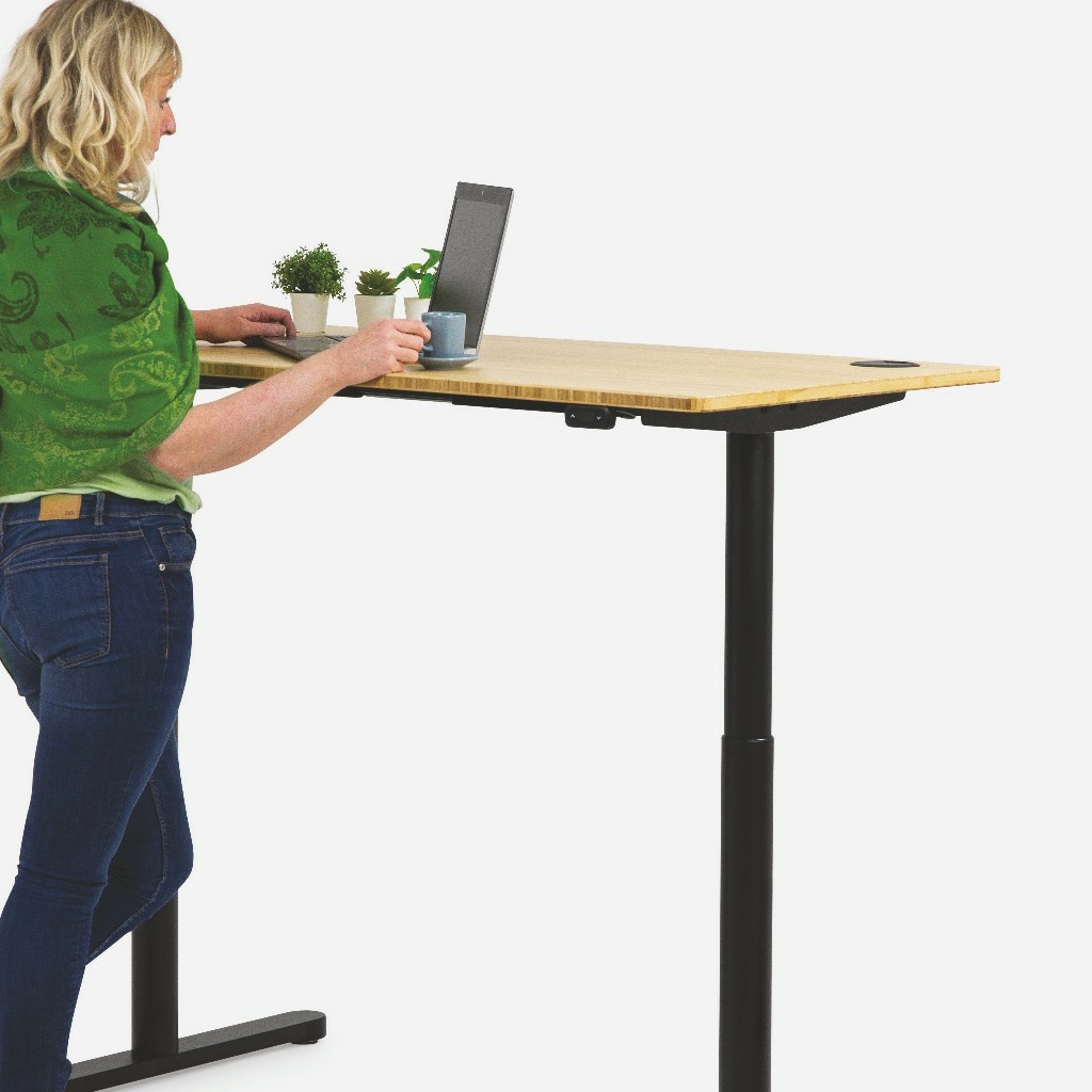 Dual Motor Sit-stand, height adjustable desk. Oak top with a Black frame