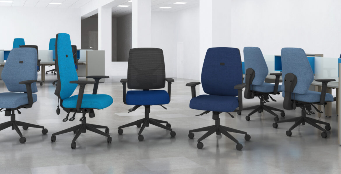ergonomic office chairs in modern workspace with multiple desk setups