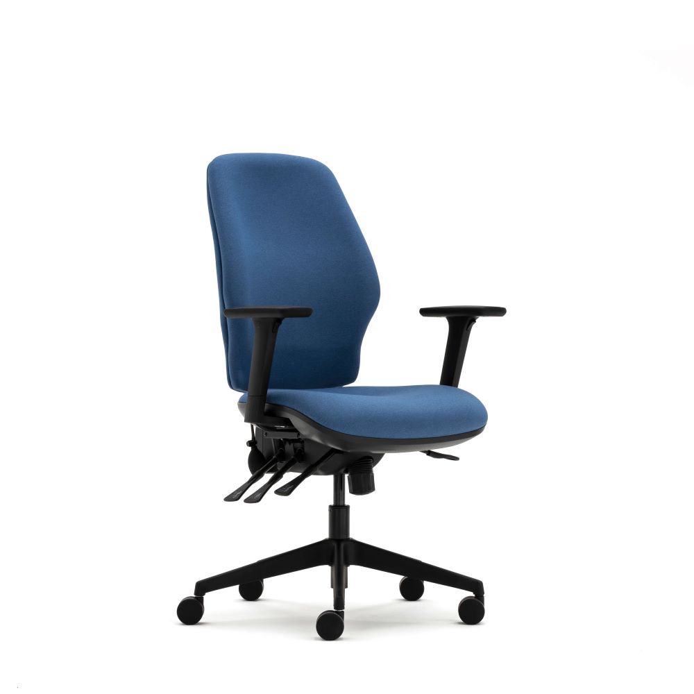 Orthopaedica 200 series task chair with height adjustable arms. Upholstered in a Era blue fabric, independent or synchro mech, optional ergonomic features including lumbar and thoracic support.