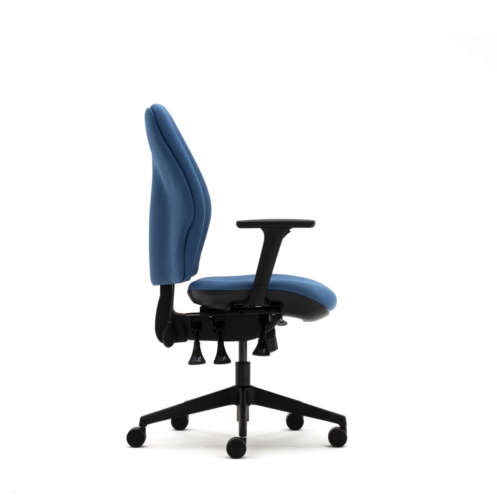 Side view - Senator Torasen Orthopaedica 200 series Range. Task chair with height adjustable arms. Fully upholstered in a blue fabric, independent or synchro mech, optional ergonomic features.