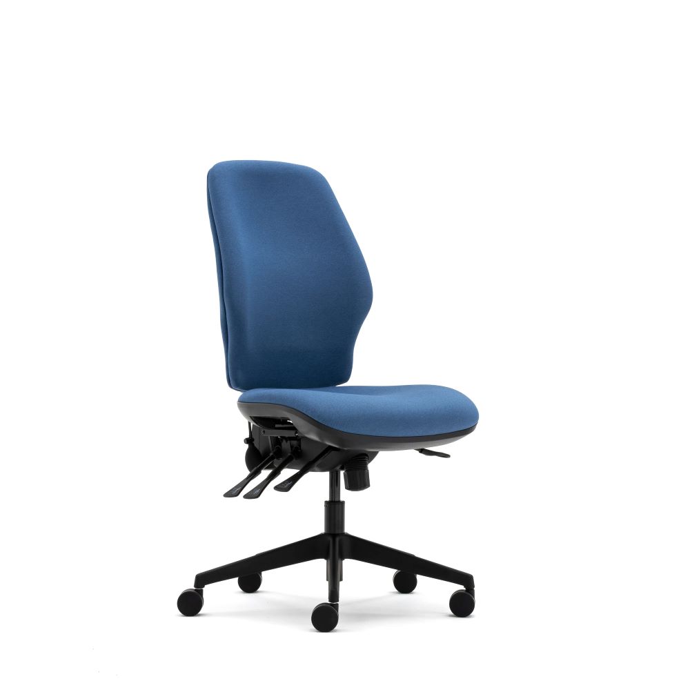 Torasen Orthopaedica 200 Series task chair without arms. Fully upholstered in a Era dark blue fabric, independent or synchro mech, optional ergonomic features including lumbar and thoracic support, arms, seat slide and airflow seat.