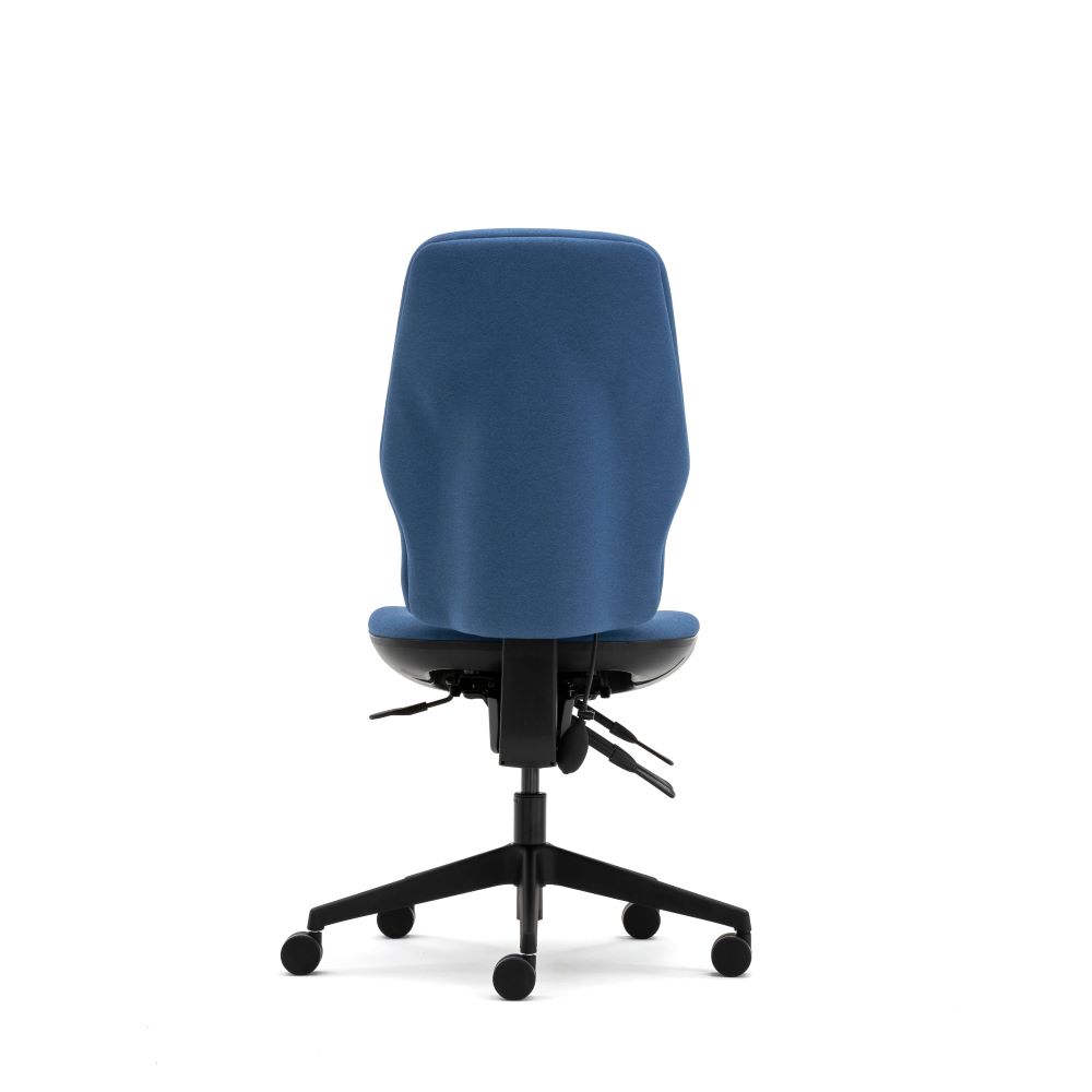 Back view - Senator Torasen range of Task Seating - 200 series. Choice of independent or synchronised mechanism, and optional ergonomic features. Upholstered in a blue Era fabric with black accessories.