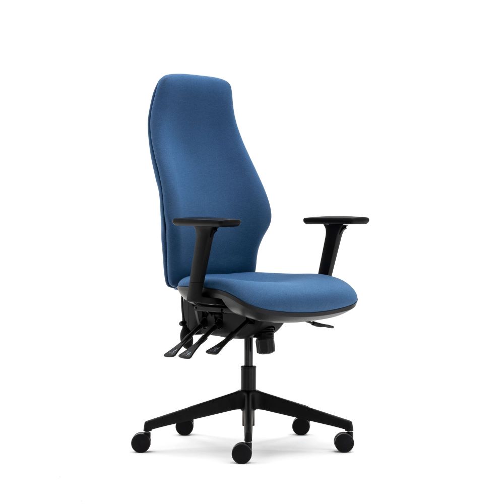 Ergonomic Task Chair with height adjustable arms - Senator Torasen Orthopaedica 300 Series Range. Finished in an era fabric upholstery and black components. Choose between an independent or synchro mechanism.