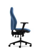 Senator Torasen Orthopaedica 300 Series Range. Ergonomic task chair with era blue fabric upholstery, adjustable arms and black components. Side View.