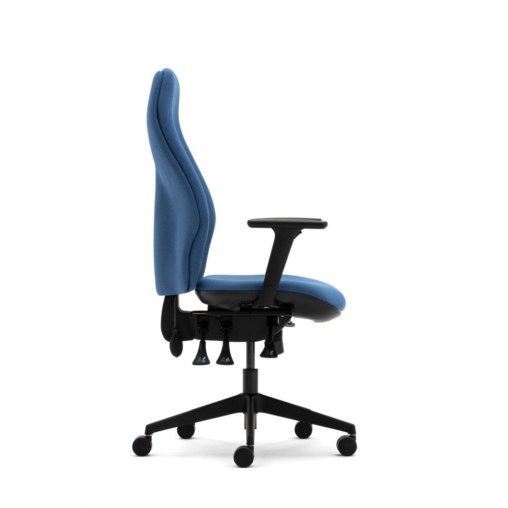 Senator Torasen Orthopaedica 300 Series Range. Ergonomic task chair with era blue fabric upholstery, adjustable arms and black components. Side View.